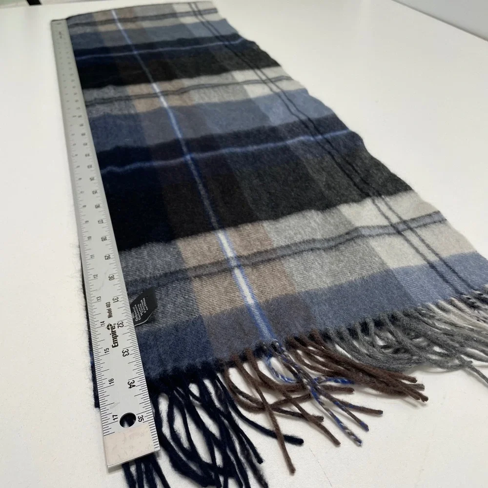 Nordstrom Mens Shop 100% Cashmere Scarf Blue Grey Plaid Fringed Winter Neckwear